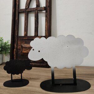 Set of 2, Rustic Sheeps Metal Silhouette Home Decor White and Black